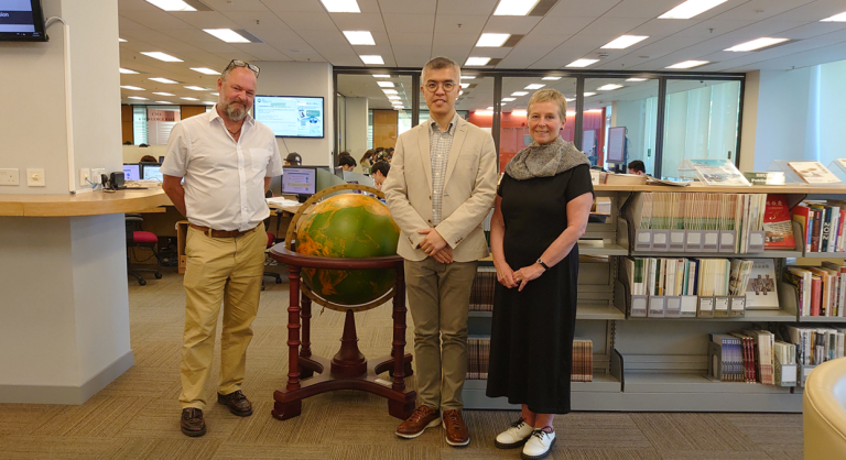 Group photo of Mrs Caroline Rice (right), Mr Andrew Hemingway (left) with Dr Ken Yau, Head of Global Affairs