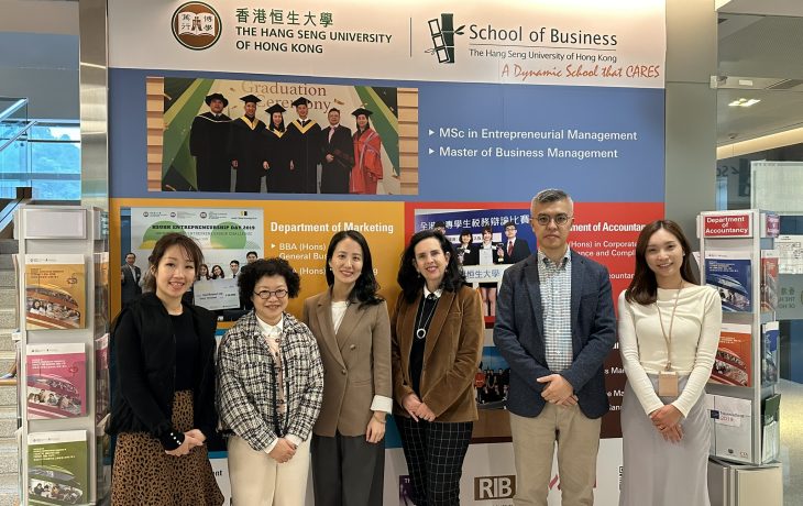 Ms Simard (3rd right) and Ms Pan (3rd left) with representatives from School of Business (1st left) and Global Affairs Office respectively