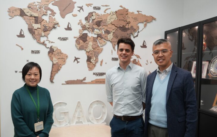 A group photo of Mr Isaac Shortman (Centre) with Dr Ken Yau (right) and Ms Mavis Lam, Assistant Global Affairs Manager